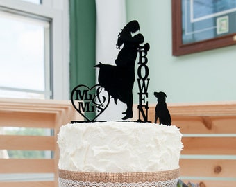 Wedding Cake Topper with Dog Personalized Silhouette, Bride and Groom Cake Topper, MADE In USA,