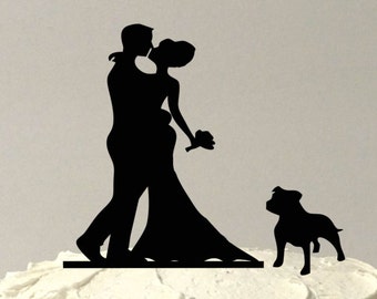 MADE In USA, With Pet Dog Wedding Cake Topper Silhouette Wedding Cake Topper Bride + Groom + Dog Family of 3 Cake Topper PitBull BullDog