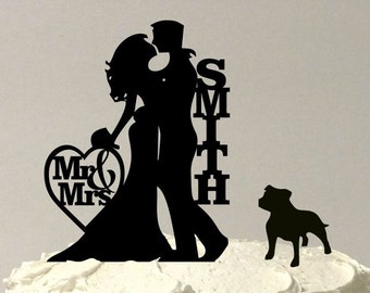 MADE In USA, Silhouette Personalized Wedding Cake Topper + Pet Dog,  Pit Bull Silhouette Wedding Cake Topper, Personalized Cake Topper,
