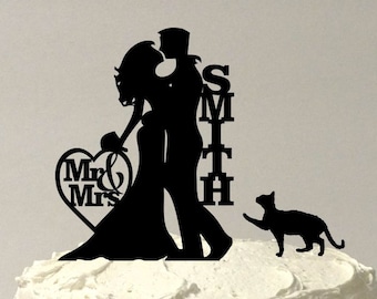 Cat + Bride & Groom Wedding Cake Topper with Cat, Silhouette Personalized Wedding Cake Topper with Cat, Custom Cake Topper, MADE In USA
