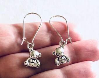 Silver Drop Dangle Teddy Bear Earrings, Kawaii Teddy Bear Earrings, Cute Lolita Harajuku Kidcore Aesthetic Kid Core Japanese Princess Brat