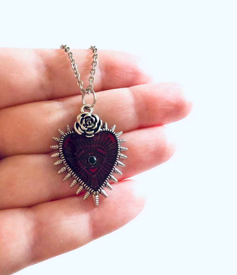 Victorian Dark Red Heart With Evil Eye Necklace Dark Academia Etsy