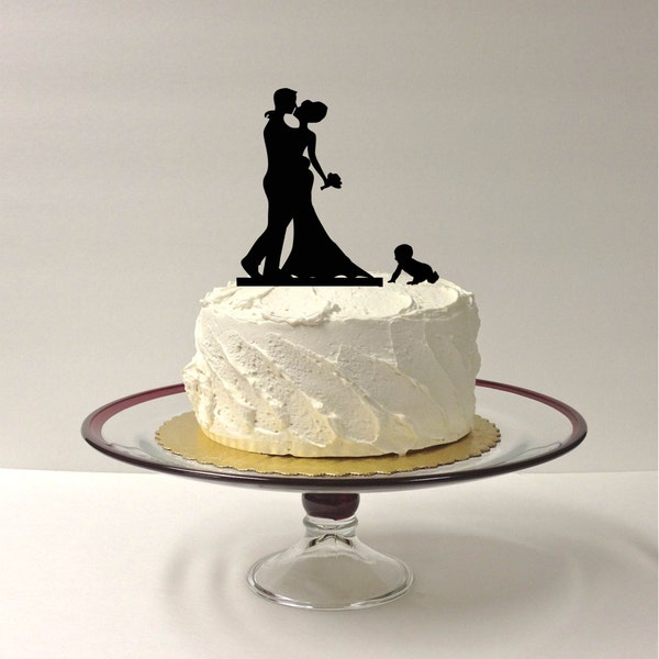 MADE In USA, Baby + Bride + Groom Silhouette Wedding Cake Topper Family of 3 Bride Groom + Child Wedding Cake Topper Silhouette