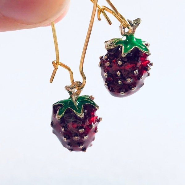 3D Gold Strawberry Earrings Drop Dangle Earrings Spring Summer Style Aesthetic Red & Green Strawberries Fruit Vegan