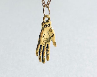 Gold Palmistry Necklace, Divination Hand Necklace, Gold Plated Chain Over Stainless Steel, Hand Charm, Wicca Wiccan Witchy Woman