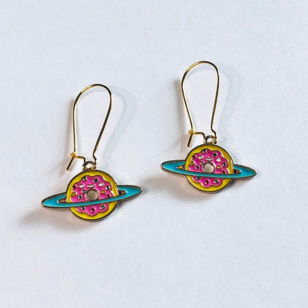 Gold Plated Donut Saturn Earrings Pink Blue & Yellow, Sprinkles Donut Earrings, Space Saturn Earrings Enamel Geekery Cute Kawaii