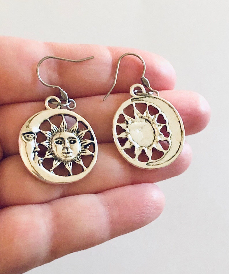 Celestial Earrings Silver Sun /& Moon Earrings Moon Goddess Wicca Wiccan Witch Witchy Woman Stainless Steel Fish Hooks