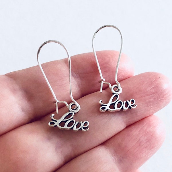 Silver Drop Dangle Love Earrings, Dangle Ear Hooks with Love Charm Anniversary Birthday Gift Valentines