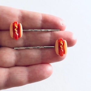 Hot Dogs Bobby Pins, Miniature Food Hair Clips, Kawaii Hair Accessories Hot Dog in Bun with Mustard image 2