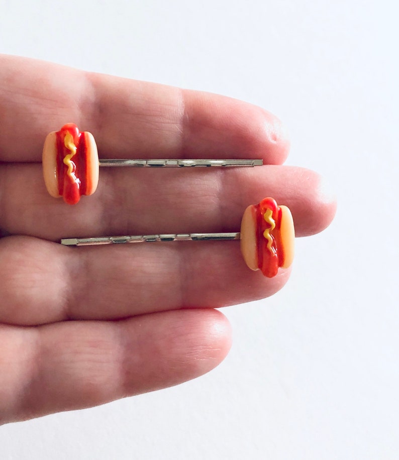 Hot Dogs Bobby Pins, Miniature Food Hair Clips, Kawaii Hair Accessories Hot Dog in Bun with Mustard image 2