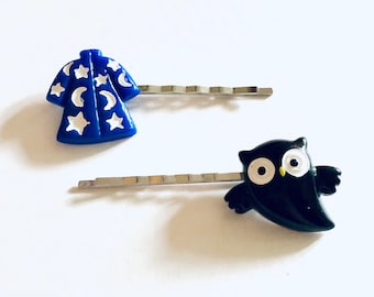 Wizard & Owl Bobby Pins Hair Clips SET OF 2, Halloween Hair Clips, Witch Hair Accessories Witchy Woman Wicca Spells