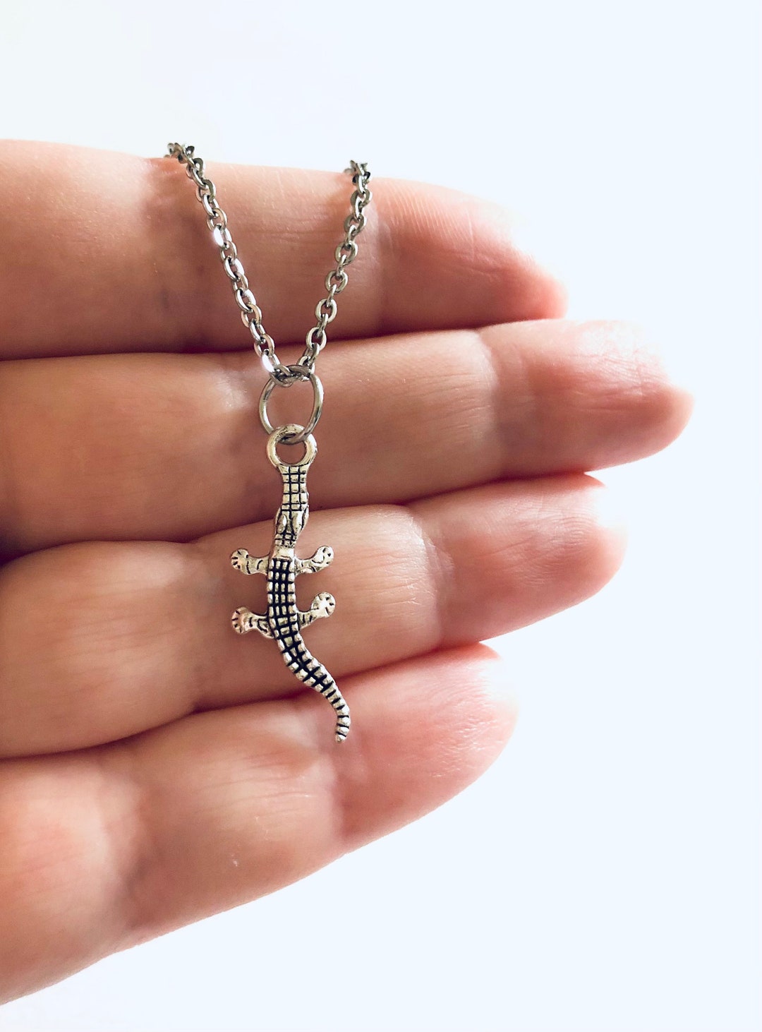 Crocodile Necklace, Silver Alligator Necklace, Lizard Necklace, Gecko