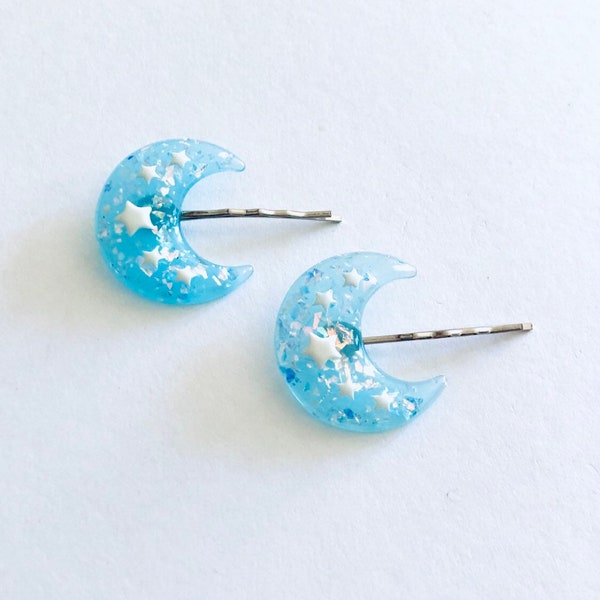 2 Blue Resin Crescent Moon Bobby Pins Hair Clips, Pastel Goth Witchy