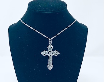 Large Cross Necklace, Mall Goth Crucifix Necklace, Silver Gothic Victorian Cross Necklace