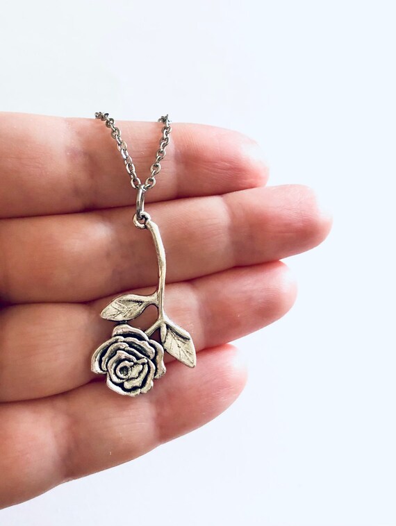 Rose Necklace Upside Down Hanging Large Silver Rose Necklace Flower Necklace Feminine Floral Necklace Gift For Her Under 15 Etsy