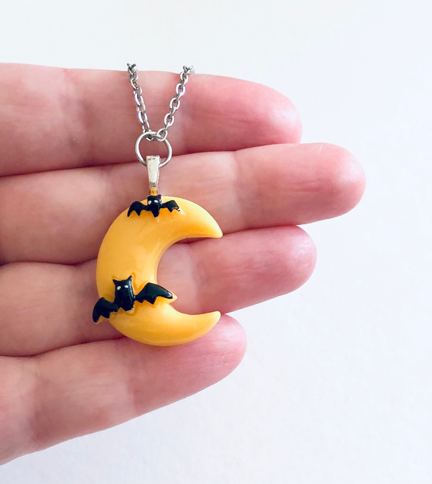 Yellow Moon with Bats Necklace, Crescent Moon Bat Necklace, Witchy 