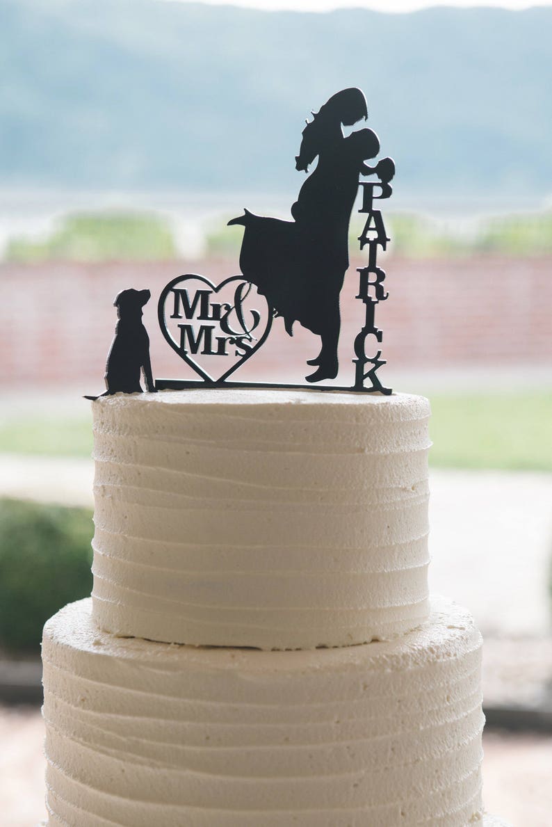 Wedding Cake Topper with Dog Personalized Silhouette, Bride and Groom Cake Topper, MADE In USA, image 2