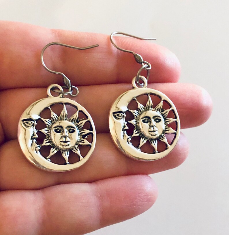 Celestial Earrings Silver Sun /& Moon Earrings Moon Goddess Wicca Wiccan Witch Witchy Woman Stainless Steel Fish Hooks