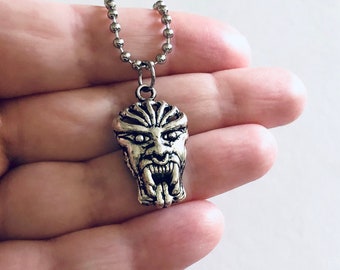 Devil Demon Mask Necklace Silver Spooky Halloween Charm Necklace, Stainless Steel Horror