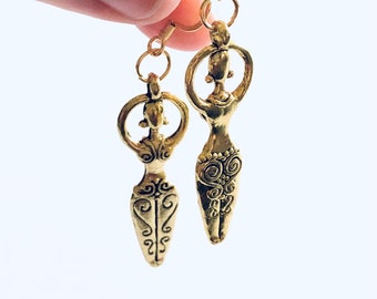 Gold Goddess Earrings, Golden Female Queen Fertility Goddess Jewelry, Witchy Woman Wicca