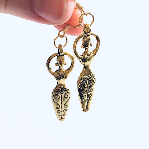 Gold Goddess Earrings, Golden Female Queen Fertility Goddess Jewelry, Witchy Woman Wicca