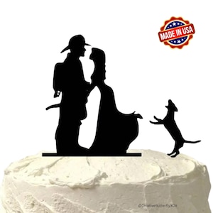 MADE In USA, Fireman and Bride Wedding Cake Topper with Dog, Fireman Wedding Cake Topper, Wedding Cake Topper, Firefighter Cake Topper Pet
