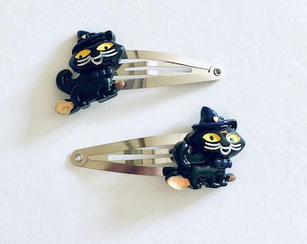 Black Cat Hair Clips Snap Clips, On Broomstick with Witches Hat O, Halloween Hair Clips
