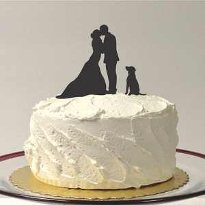 MADE In USA, Silhouette Cake Topper With Pet Dog, 48 Different Dogs to Choose, Family of 3 Silhouette Wedding Cake Topper Bride and Groom image 1