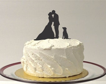 MADE In USA, Silhouette Cake Topper With Pet Dog, 48 Different Dogs to Choose, Family of 3 Silhouette Wedding Cake Topper Bride and Groom