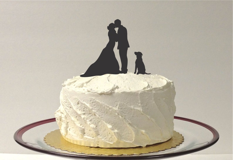 MADE In USA, Silhouette Cake Topper With Pet Dog, 48 Different Dogs to Choose, Family of 3 Silhouette Wedding Cake Topper Bride and Groom image 1