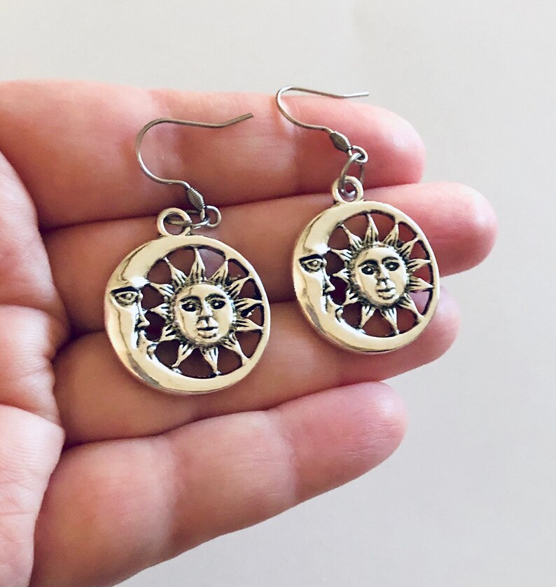 Celestial Earrings Silver Sun /& Moon Earrings Moon Goddess Wicca Wiccan Witch Witchy Woman Stainless Steel Fish Hooks