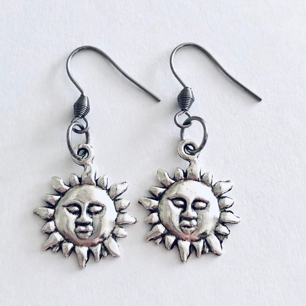 Celestial Sun Earrings with Stainless Steel Ear Hook, Fish Hooks, Sun Goddess Witchy Woman Wicca Wiccan Pagan Sun Face