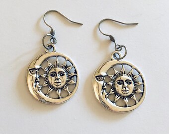 Celestial Earrings, Silver Sun & Moon Earrings Moon Goddess Wicca Wiccan Witch Witchy Woman, Stainless Steel Fish Hooks