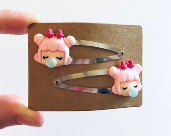 Devil Horned Girl Hair Clips, Girl Blowing Bubbles Snap Clips Set of 2, Lolita Hair Accessories, Kawaii Hair Clips,