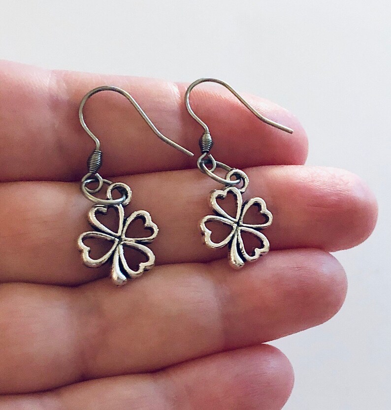 Four Leaf Clover Earrings St Pattys St Paddy\u2019s St Patrick Day Irish Ireland Celtic Jewelry Silver Stainless Steel Fish Hooks