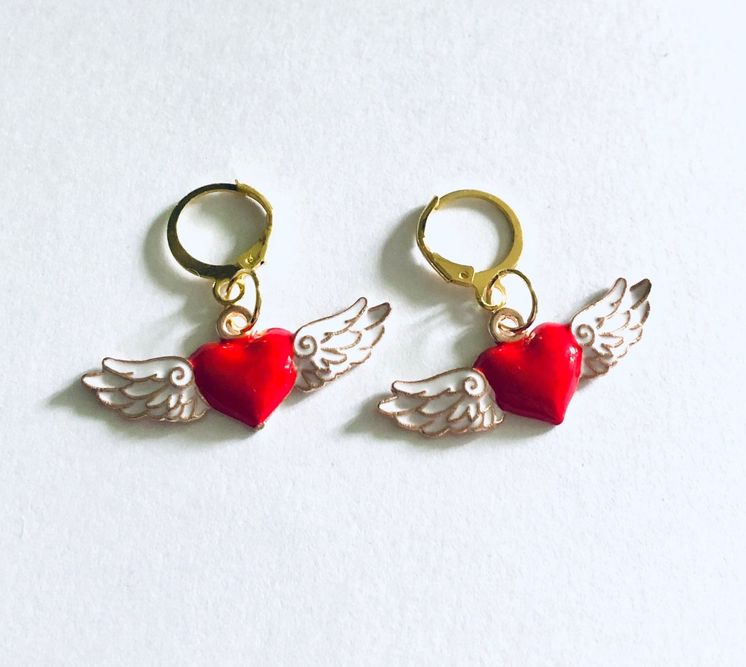 Gold Angel Wings Huggie Earrings Cherub Wings Enamel Charms - Etsy