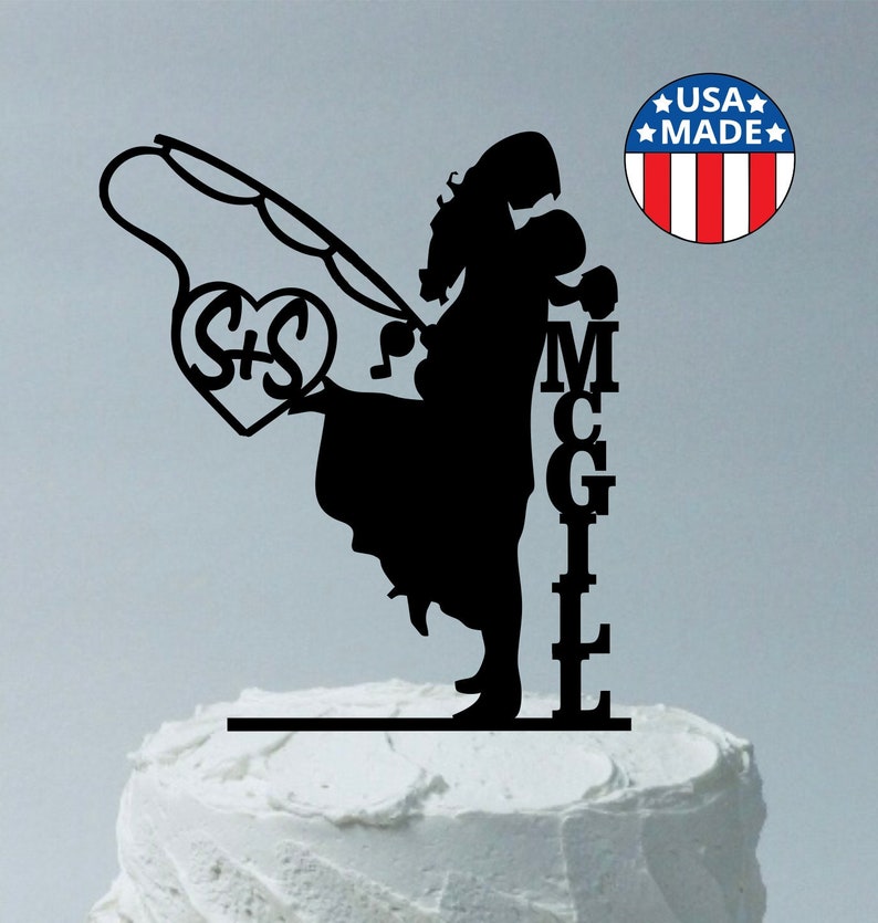 Fishing Wedding Cake Topper, Personalized Fishing Themed Cake Topper, Fishing Cake Topper, Silhouette Cake Topper, MADE In USA image 1