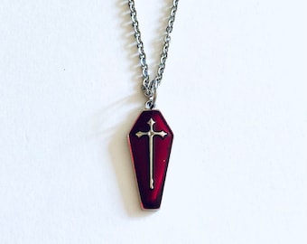 Red Coffin Necklace with Silver Crucifix Cross & Chain, Vampire Necklace, Vamp Living Dead Goth Halloween Necklace