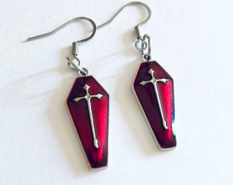 Vamp Red Coffin Earrings with Silver Cross Earrings, Vampire Earring, Dracula Earrings, Living Dead Earrings, Gothic Victorian Dark Academia