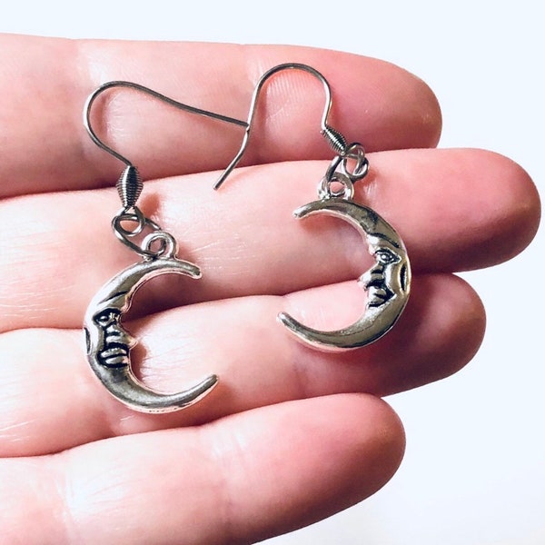 Crescent Moon Earrings, Silver Half Moon Earrings with Little Faces, Witchy Woman Jewelry, Wicca Witch Wiccan, Occult Metaphysical Esoteric