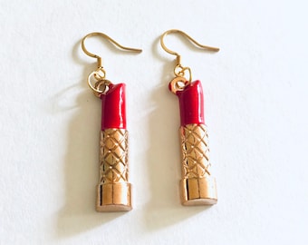 Lipstick Earrings, Drop Dangle Make Up Earrings, Gold Plated Ear Hooks, Girly Feminine Girls