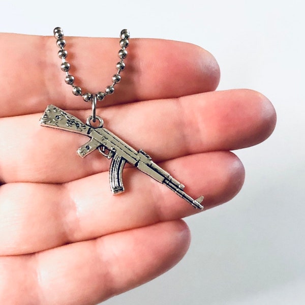 Silver Machine Gun AK47 Necklace, Unisex Rifle AK47 Machine Gun Charm Necklace, Unisex Stainless Steel Ball Chain