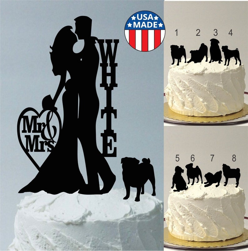 With Pet PUG Dog Choice of 8 Silhouettes, Wedding Cake Topper with Pet PUG Dog Personalized Cake Topper, Bride and Groom and PUG Dog image 1