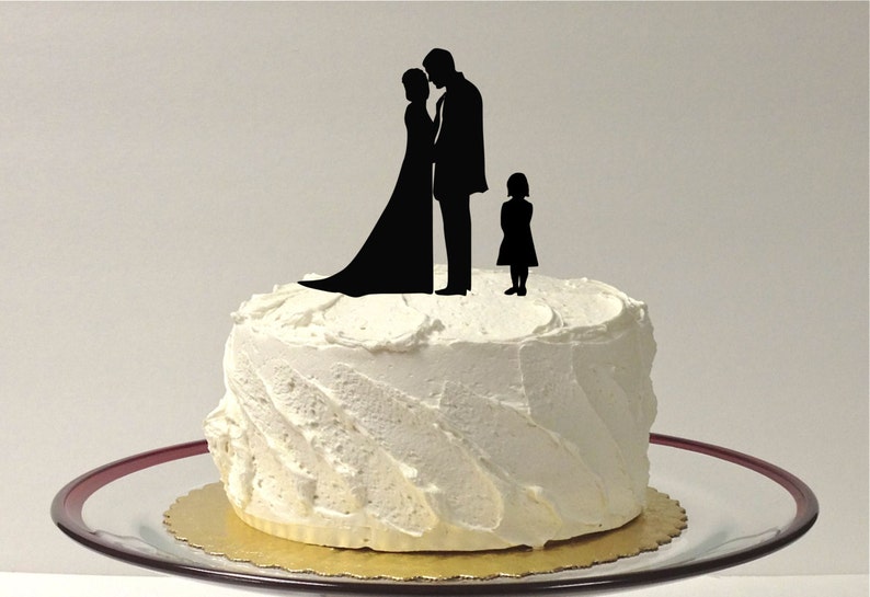 MADE In USA, With Girl Child Wedding Cake Topper Bride Groom Child Girl, Silhouette Wedding Cake Topper, Cake Topper Daughter Child image 1