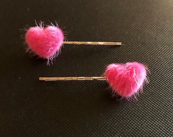 Hot Pink Fluffy Fur Hearts Hair Clips, Furry Heart Bobby Pins, Valentine’s Day Gift