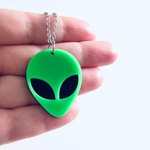 Green Alien Necklace, Retro Space Aliens Necklace, Y2K Kidcore Aesthetic