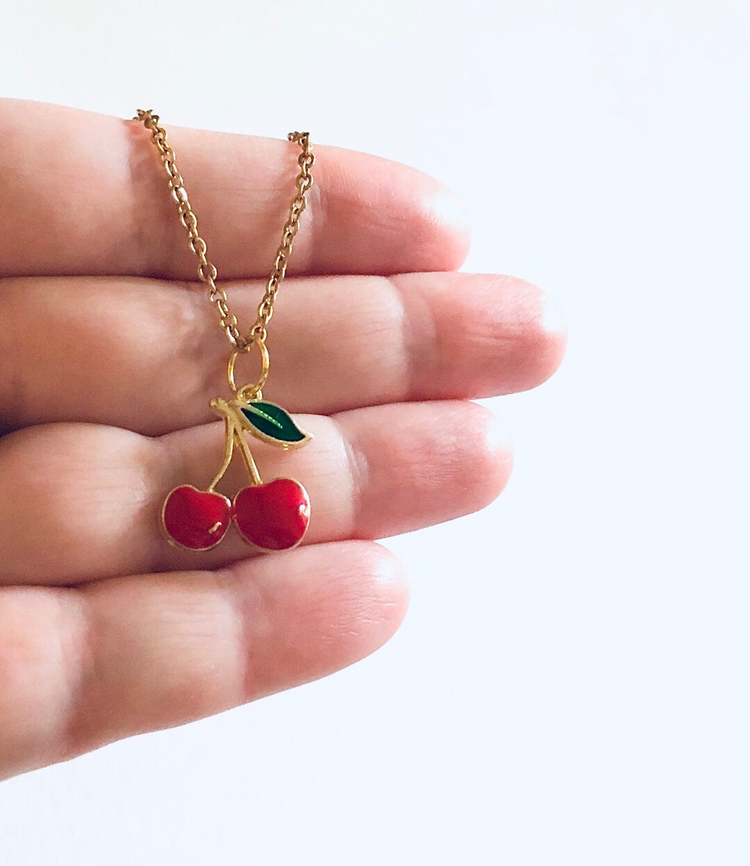 Red Cherries Necklace, Gold Cherry Necklace, Fruit Charm, Gold Plated