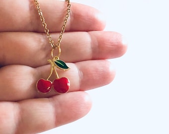 Red Cherries Necklace, Gold Cherry Necklace, Fruit Charm, Gold Plated Chain, Kawaii Feminine, Gift for Her