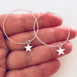 Little Silver Stars Hoop Earrings With Star Charm Charms, Silver Hoops, Silver Star Hoops, Celestial Planets Wicca Witch image 1