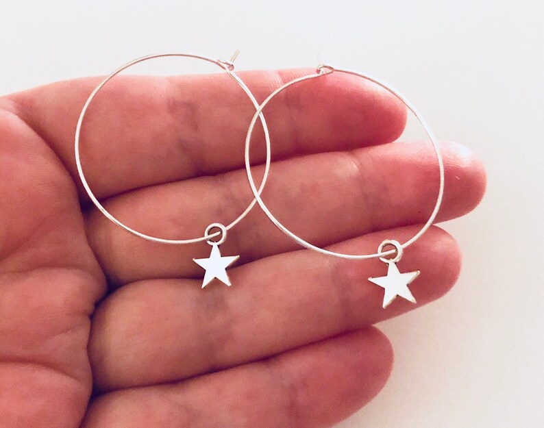 Little Silver Stars Hoop Earrings With Star Charm Charms, Silver Hoops, Silver Star Hoops, Celestial Planets Wicca Witch image 1